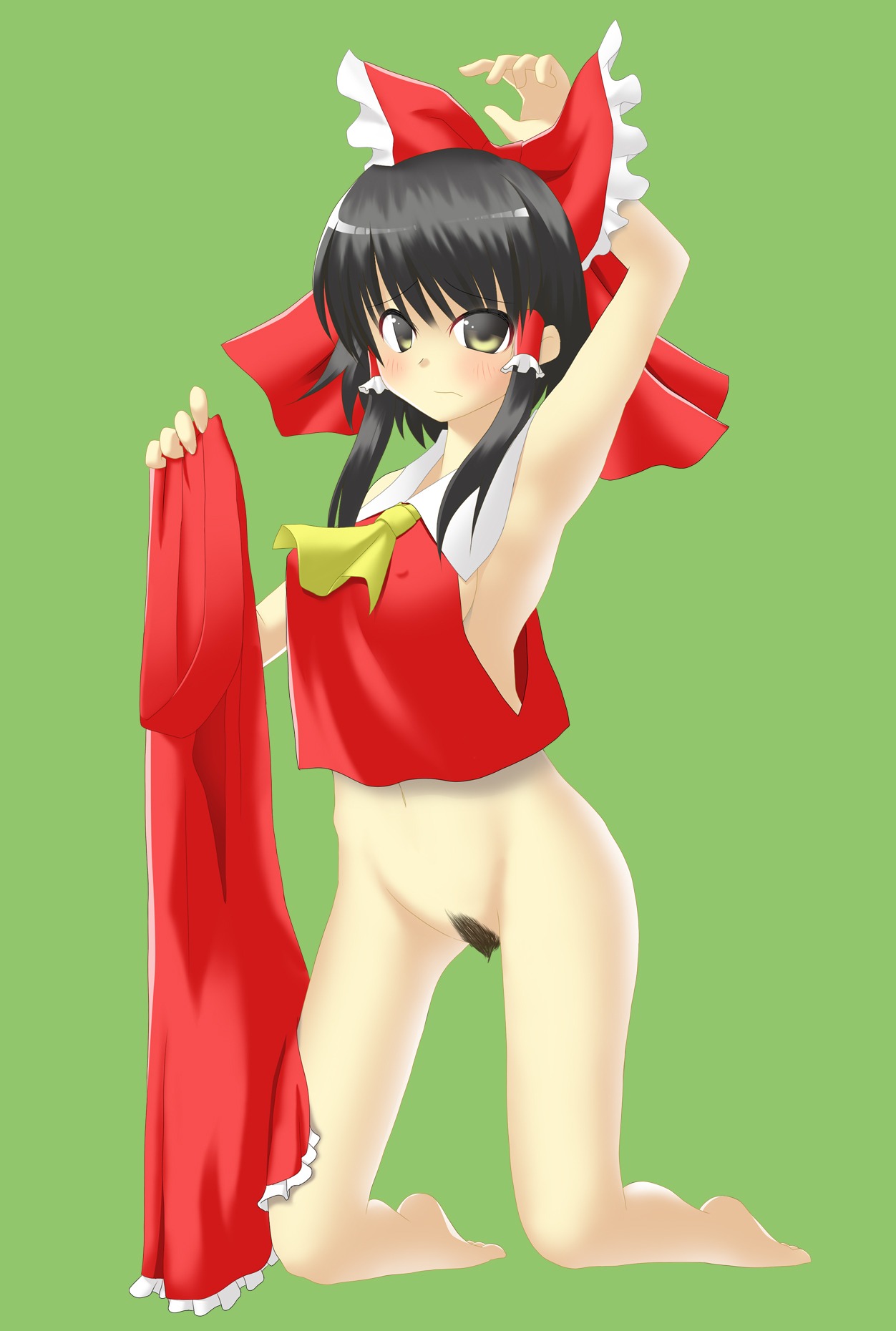 black_hair blush bottomless bow female female_only highres human pubic_hair reimu_hakurei rule34 solo touhou yellow_eyes