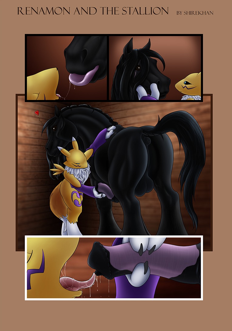 animal_genitalia animal_penis anthro anthro_on_feral anus armwear balls bandai_namco bestiality bestiality_kiss big_balls black_sclera blue_eyes bodily_fluids bridal_gauntlets canid canine clothing comic digimon digimon_(species) duo e621 equid equine equine_genitalia equine_penis erection eyes_closed female female_on_feral feral flaccid fur genitals half-erect heart_symbol horse interspecies kissing licking licking_urethra male male/female mammal nude open_mouth oral penile penis penis_lick renamon saliva saliva_string scar sex shirekhan stable tongue tongue_out urethra white_body white_fur yellow_body yellow_fur