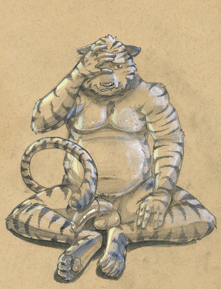 2011 animal_genitalia anthro balls biped circumcised e621 embarrassed facepalm felid flaccid genitals graphite_(artwork) humanoid_genitalia humanoid_penis hybrid_genitalia hybrid_penis male mammal monochrome nude overweight overweight_anthro overweight_male pantherine penis sepia sheath sheathed_humanoid_penis shy sitting solo tail tiger toned_paper traditional_media_(artwork) tush_(artist)