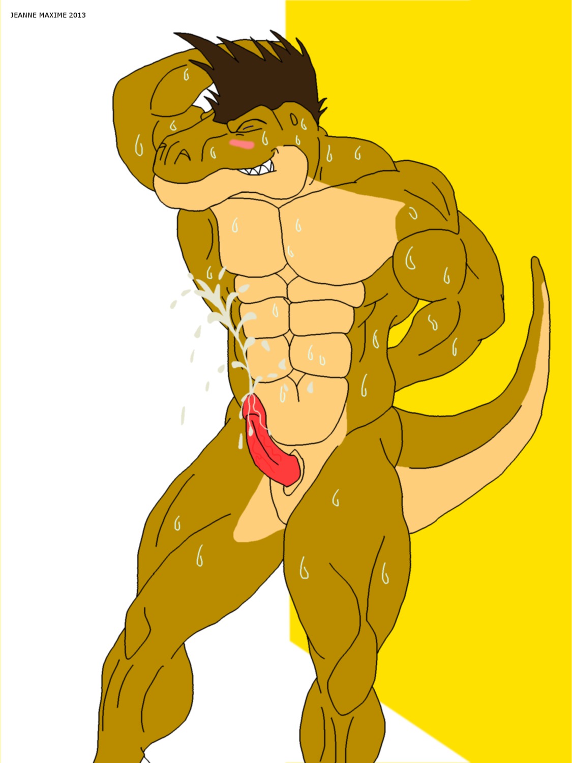 2013 3:4 abs abstract_background animal_genitalia anthro athletic balls biceps biped blush bodily_fluids brown_body brown_hair brown_skin clenched_teeth cum cum_on_penis cum_string cumshot dinosaur e621 ejaculation erection fangs flexing genital_fluids genital_slit genitals hair hands-free hands_behind_head hi_res jonathan_alexander male masturbation maxime-jeanne muscular muscular_anthro nude orgasm pecs penis pose precum prehistoric_species red_penis reptile saurischian scales scalie sheath simple_background solo standing sweat tail teeth theropod tyrannosaurid tyrannosauroid tyrannosaurus tyrannosaurus_rex vein white_background