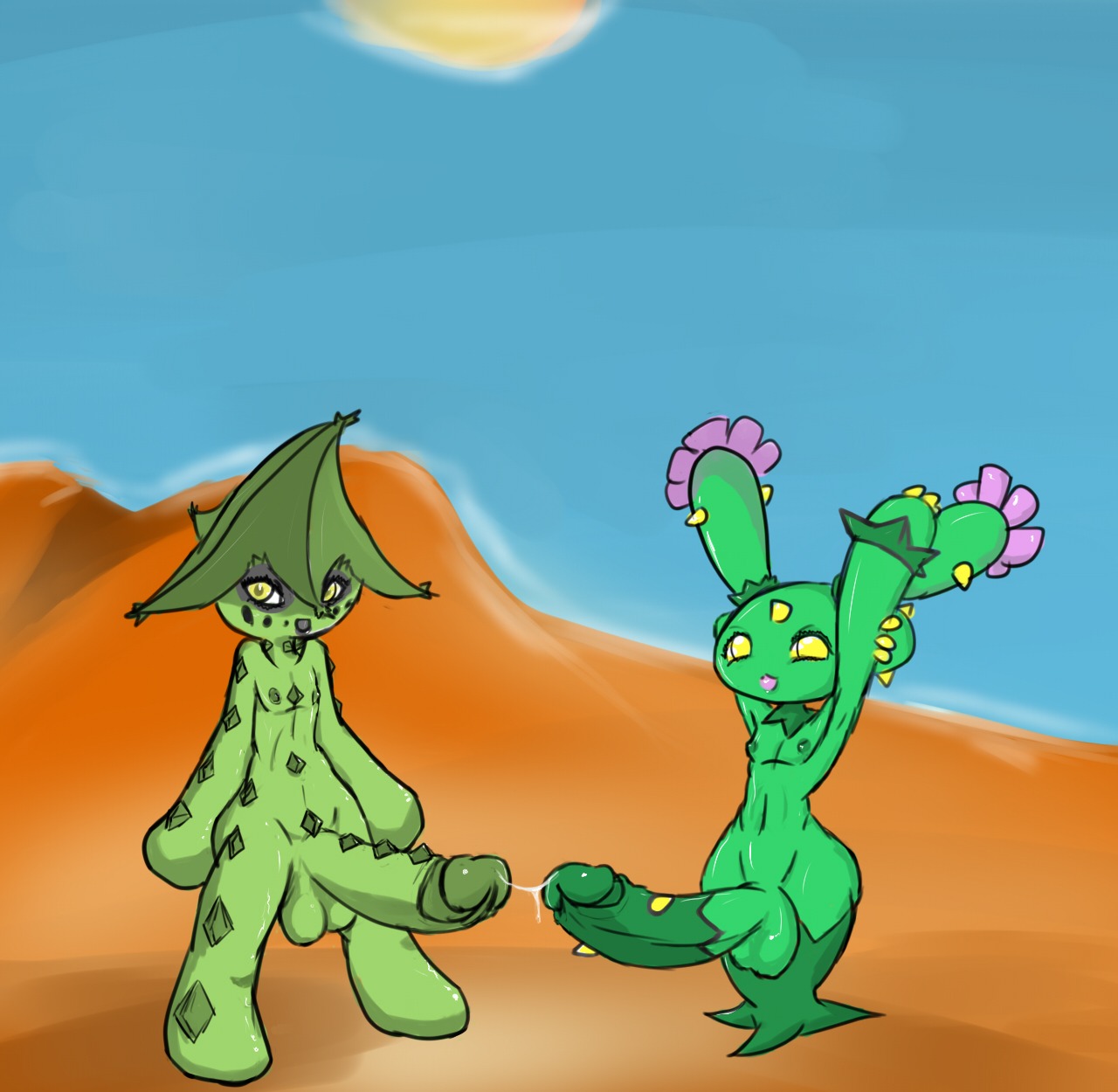 2012 balls bodily_fluids cacturne cactus cactus_creature cactus_humanoid digital_media_(artwork) duo e621 elemental_creature elemental_humanoid erection femboy flora_fauna generation_3_pokemon generation_5_pokemon genital_fluids genital_scar genitals green_body hi_res humanoid lovely_mawile male maractus nintendo not_furry nude penis plant plant_humanoid pokemon pokemon_(species) precum scar yellow_eyes