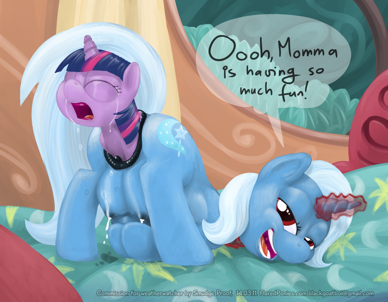 age_regression bed belly big_belly blush bodily_fluids clothing comic detailed_background dialogue digital_media_(artwork) e621 english_text equid equine eyes_closed female feral feral_pred feral_prey friendship_is_magic fur furniture genitals group hair happy hasbro hat headgear headwear hi_res horn inside lactating looking_at_viewer magic mammal multicolored_hair my_little_pony mythological_creature mythological_equine mythology on_bed pregnant purple_body purple_eyes purple_fur purple_hair smile smudge_proof tears teats text trixie_(mlp) twilight_sparkle_(mlp) two_tone_hair unbirthing unicorn vaginal vore vulva young young_feral young_prey
