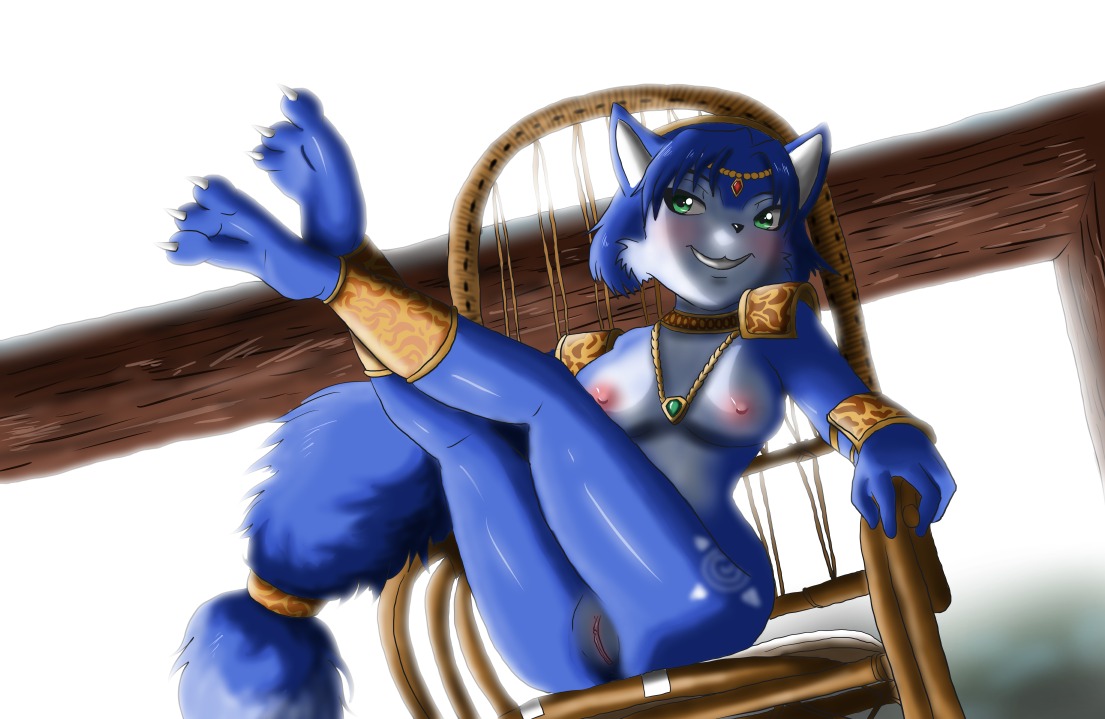 anthro blue_body blue_fur blue_hair blush breasts canid canine clothing e621 fdmpro female fox fur genitals green_eyes grin hair krystal_(star_fox) mammal nintendo nipples nude presenting simple_background smile solo star_fox vulva white_body white_fur