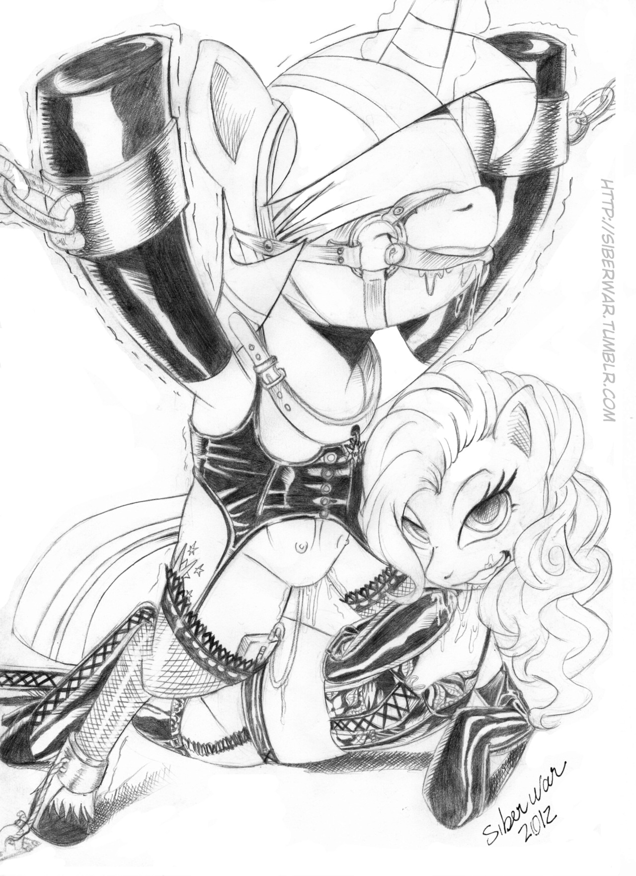 2012 armwear bdsm bit_gag blindfold bodily_fluids bridle chain clothing collar corset cuff_(restraint) cutie_mark duo e621 earth_pony elbow_gloves english_text equid equine female female/female feral friendship_is_magic fur gag gagged garter_belt garter_straps genital_fluids gloves hair handwear hasbro hi_res horn horse legwear lingerie looking_at_viewer mammal monochrome my_little_pony mythological_creature mythological_equine mythology nipples penetration petplay pinkie_pie_(mlp) pony ponyplay restraints roleplay rope sex_toy shackles siberwar stockings tail teats text topwear twilight_sparkle_(mlp) unicorn vaginal vaginal_fluids vibrator