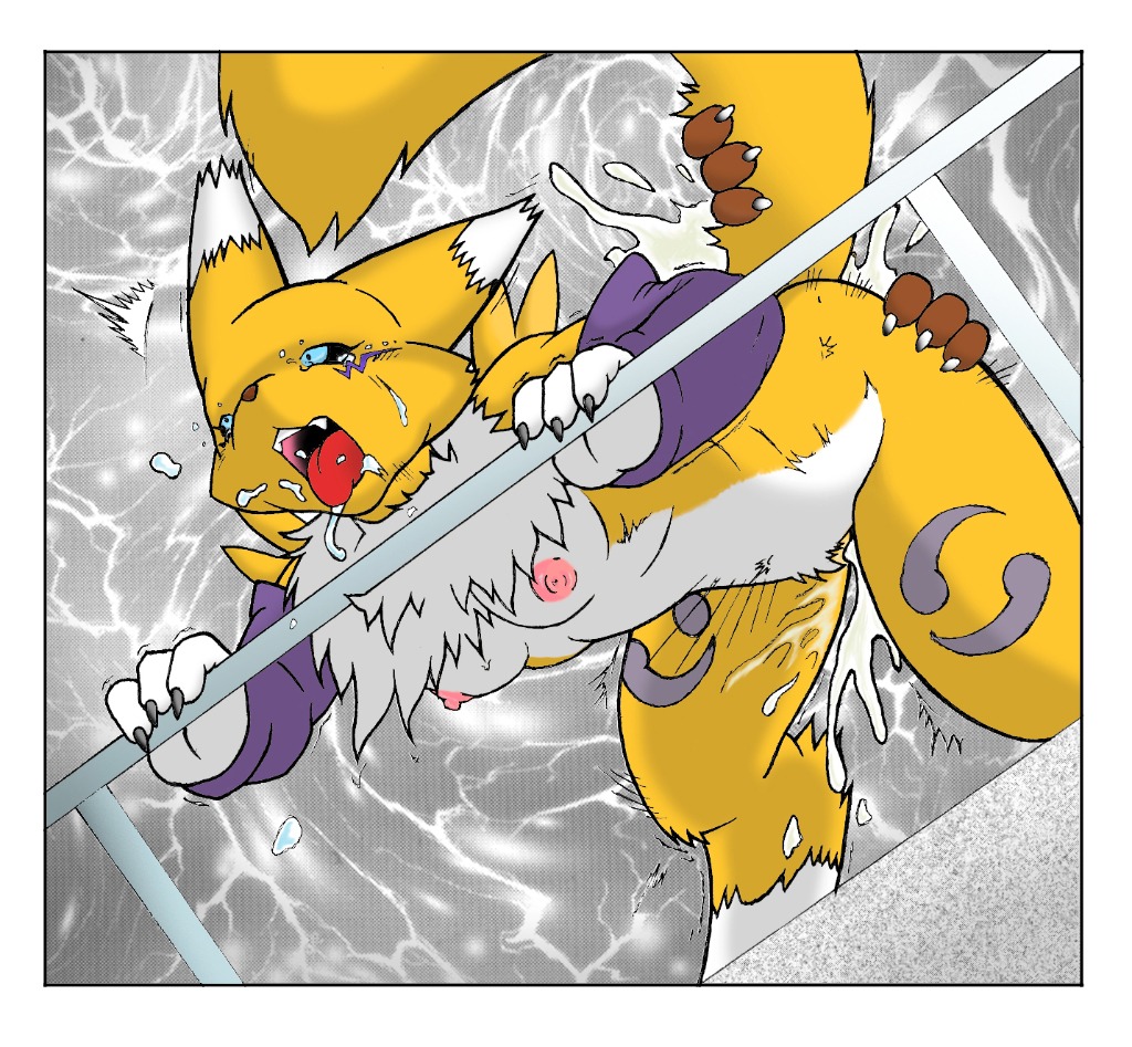 all_fours anthro armwear bandai_namco bent_over black_sclera blue_eyes bodily_fluids border breasts canid canine chest_tuft claws clothing cum digimon digimon_(species) disembodied_hand dktorzi duo dutch_angle e621 elbow_gloves facial_markings female from_behind_position fur genital_fluids gloves handwear head_markings male male/female mammal markings nipples open_mouth raised_tail renamon saliva sex tail tail_grab tears tuft white_border yellow_body yellow_fur