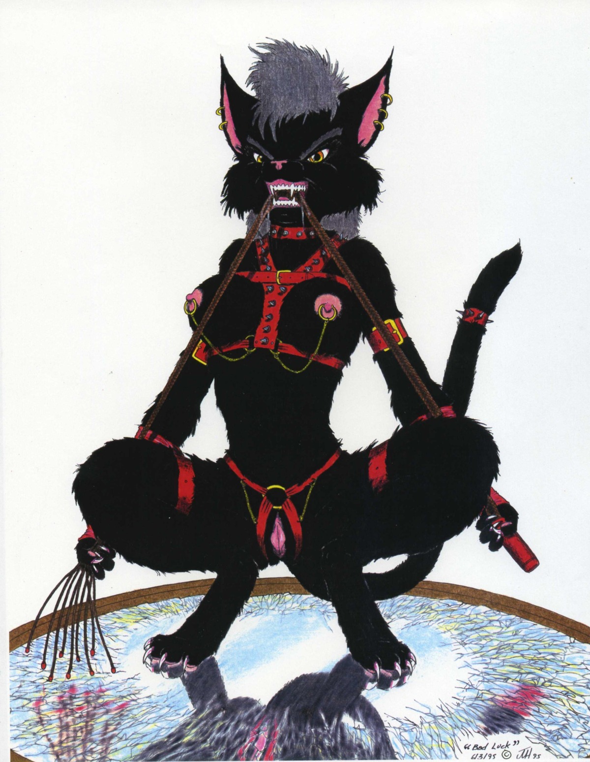 1990s 1995 20th_century angry bondage breasts claws feline female high_resolution james_m_hardiman nipple_piercing nipple_ring nipples nude piercing pussy rule34 solo straps whip