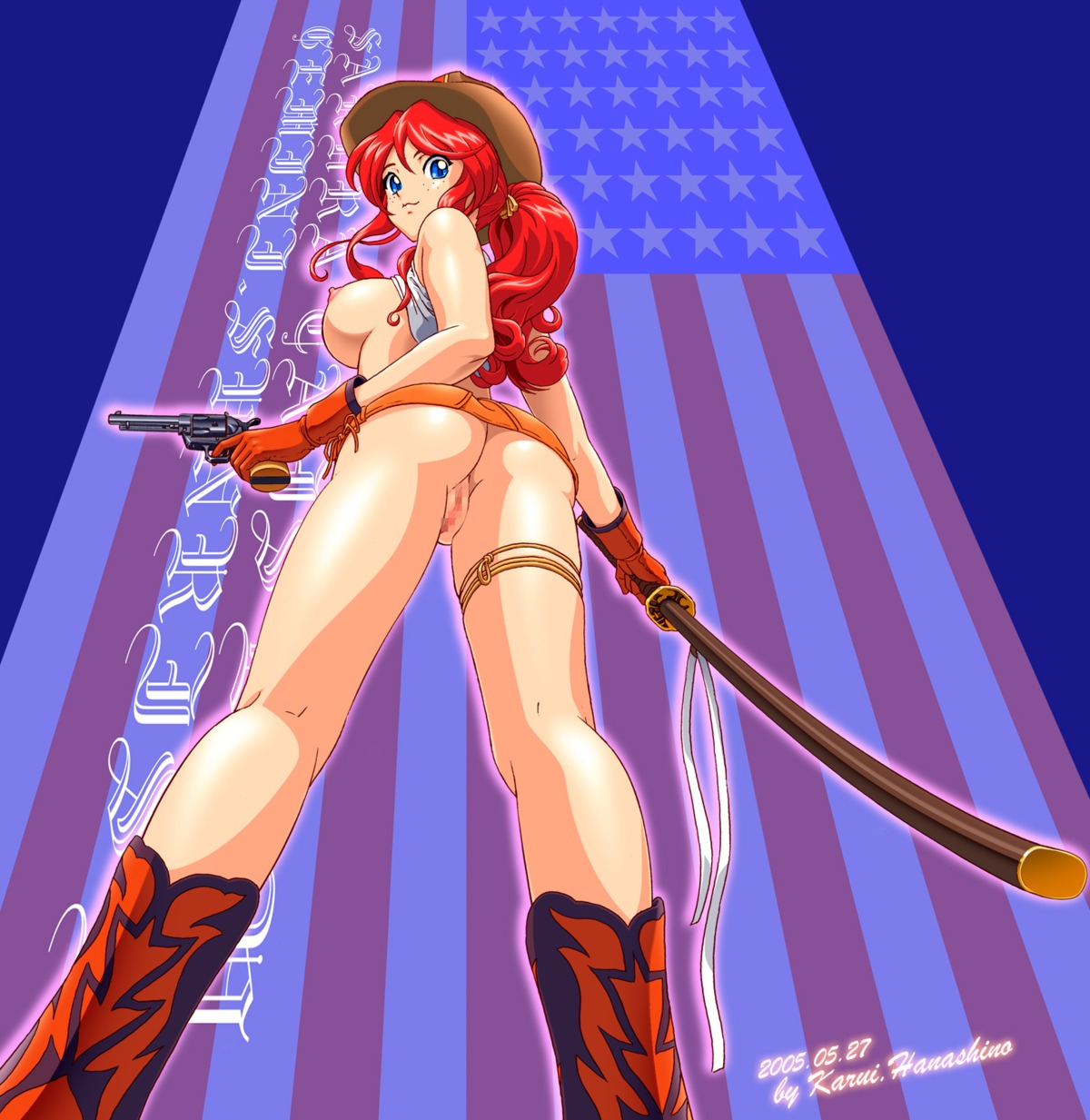 breasts casual censored clothing female firearm footwear gemini_sunrise gun handgun handwear human karui_hanashino large_breasts pale_skin revolver rule34 sakura_wars skirt sword tagme weapon