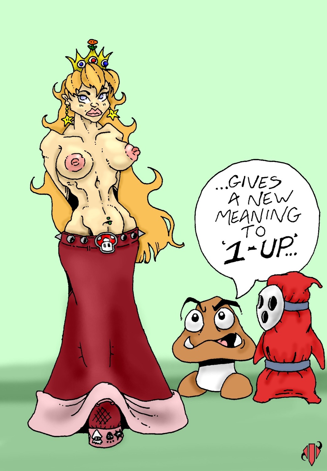 breasts color crown ear_piercing female feral goomba hair human interspecies long_hair mario_(series) nintendo nipples piercing princess_peach rule34 satangel37 shy_guy super_mario_bros. tagme topless