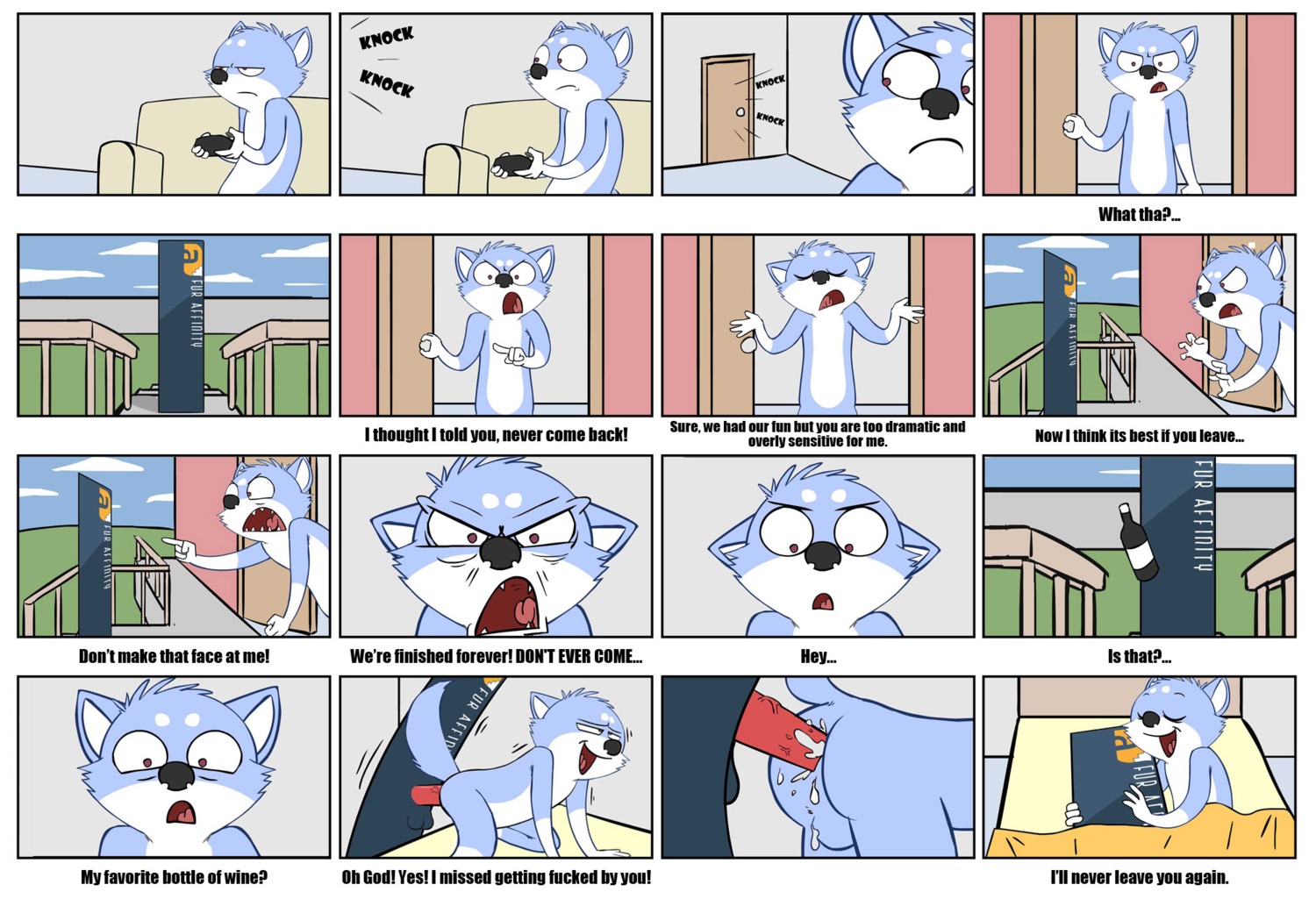 alcohol all_fours anal anal_penetration angry anthro backsack balls bed bedfellows beverage black_nose bodily_fluids canid canine comic cum cum_in_ass cum_inside dialogue doggystyle duo e621 english_text erection food from_behind_position furaffinity furniture genital_fluids genitals hi_res humor male mammal penetration penile penile_penetration penis penis_in_ass sex shenanigans solo text wine
