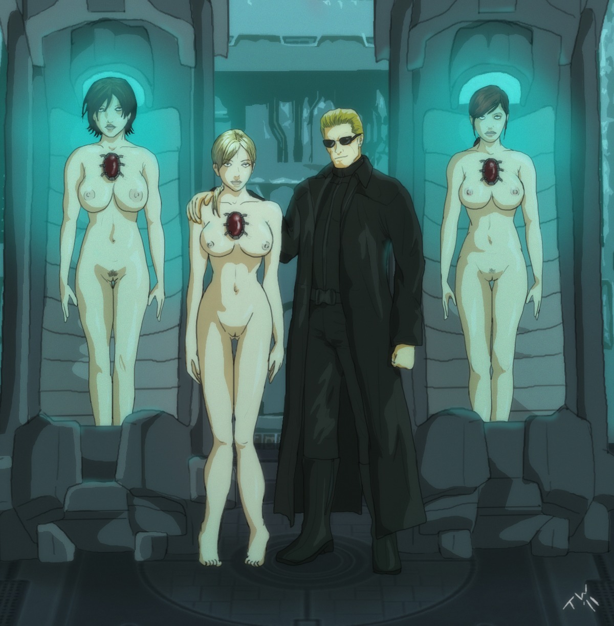 1boy 3girls ada_wong ada_wong_(caroline_ribeiro) albert_wesker breasts claire_redfield female femsub jill_valentine jill_valentine_(blonde) jill_valentine_(julia_voth) male maledom mind_control multiple_females multiple_girls multiple_subs nude p30 pussy resident_evil resident_evil_5 rule34 tech_control trishbot