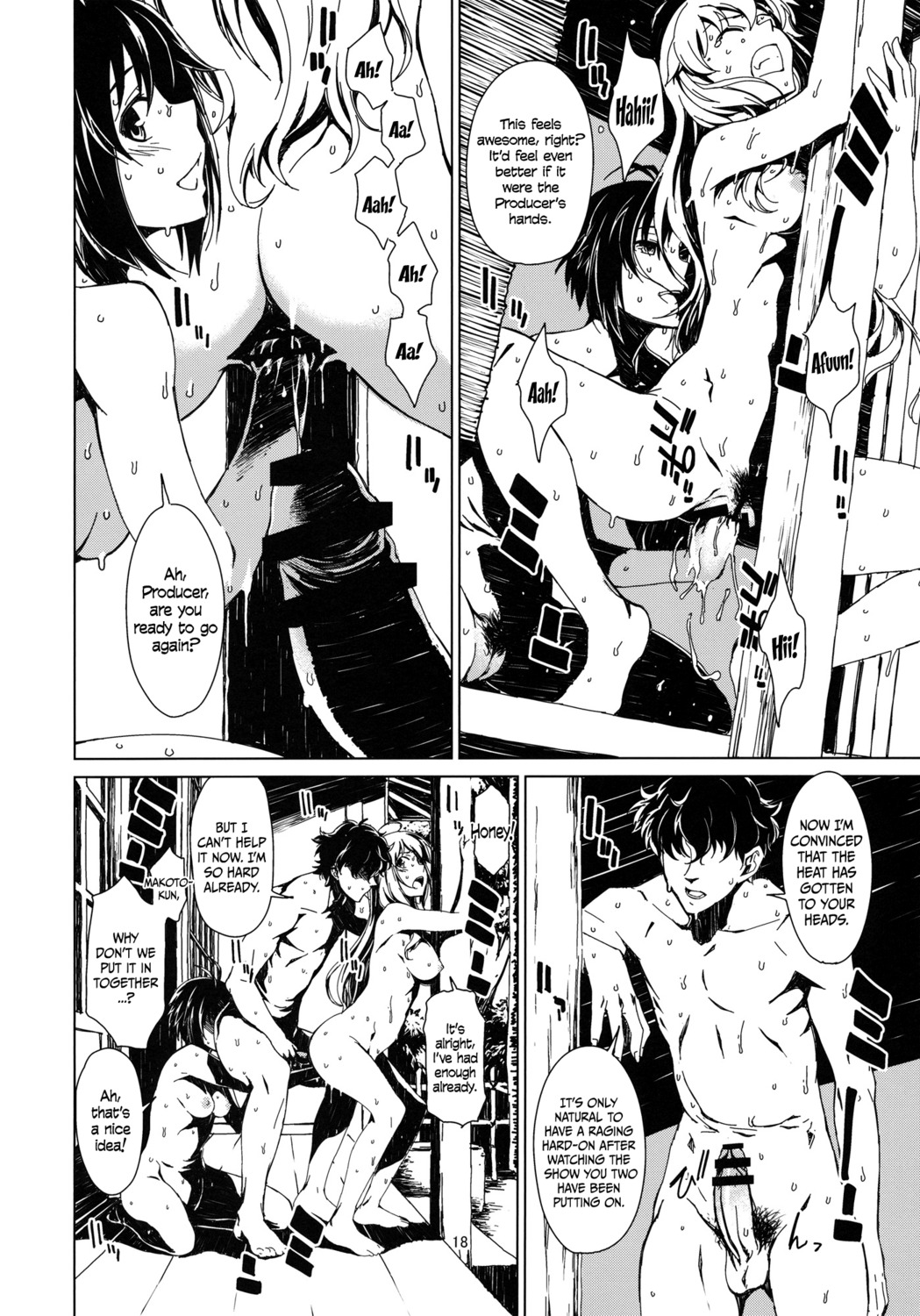 1boy 2girls anal backlighting bisexual black_hair blonde_hair blue_sky censored comic english_text female fisting food hoshii_miki idolmaster kikuchi_makoto leg_grab long_hair male mouth_hold multiple_females multiple_girls navel nipples nude open_mouth oppai page_18 paper_fan popsicle producer_(idolmaster) right_to_left rule34 sex shadow short_hair shouji spread_legs straight summer sweat sweatdrop takemura_sesshuu translated tree tupet yuri