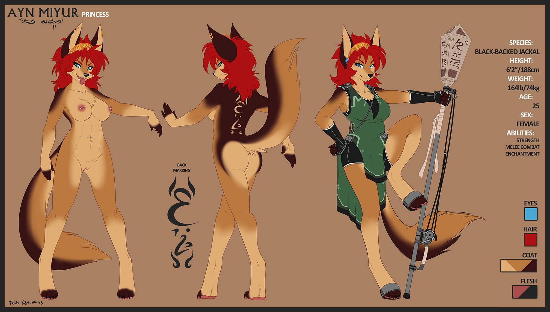 2013 4_toes anthro arabic arabic_text ayn_(fluff-kevlar) biped black-backed_jackal black_border blue_eyes border breasts brown_body brown_fur butt canid canine canis chest_tuft claws clothed clothing color_swatch conditional_dnp countershading crown digital_media_(artwork) digitigrade e621 ear_piercing english_text feet female fluff-kevlar fur genitals hair hammer headgear hi_res jackal mammal melee_weapon model_sheet multicolored_body multicolored_fur navel navel_piercing nipple_piercing nipples nude piercing polearm red_hair signature simple_background solo species_name standing tail text tiara toes tongue tongue_out tongue_piercing tools translation_request tuft vulva weapon