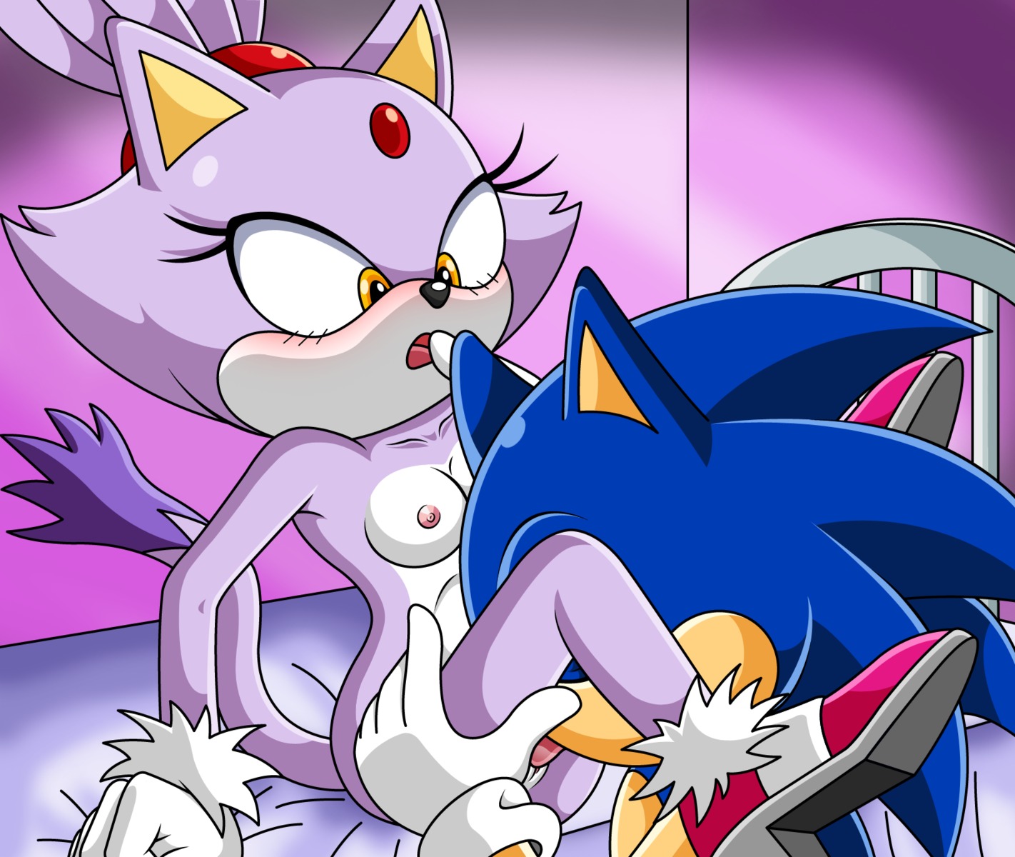 anthro blaze_the_cat blue_body blue_fur blush breasts clothing cunnilingus domestic_cat duo e621 eulipotyphlan felid feline felis female footwear fur genitals hedgehog hi_res licking male male/female mammal nipples nude open_mouth oral sega sex shoes sitting sonic_the_hedgehog sonic_the_hedgehog_(series) sonictopfan tongue tongue_out vaginal vulva