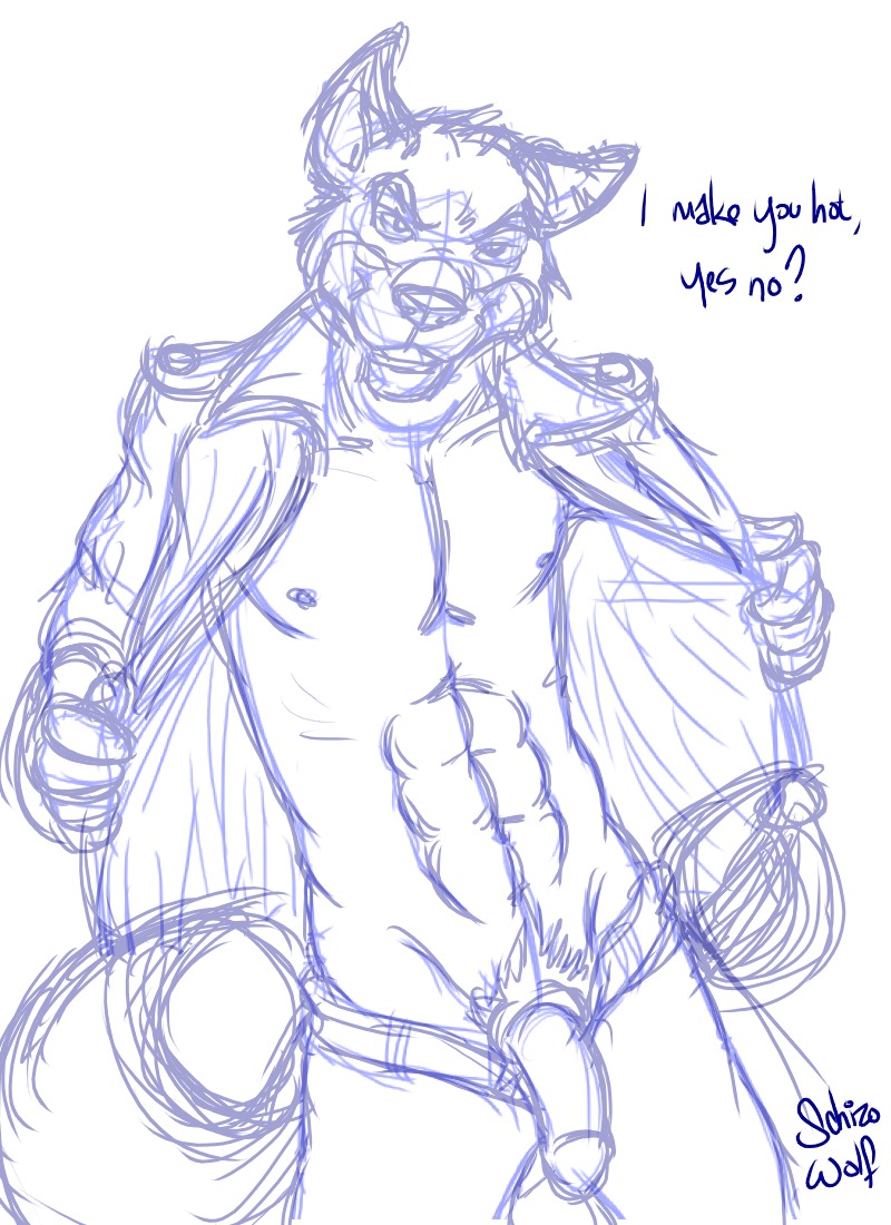 abs anthro balls biped blue_and_white broken_language canid canine canis clothed clothing dialogue disney don_karnage e621 english_text flaccid fur genitals humanoid_genitalia humanoid_penis looking_at_viewer male mammal monochrome muscular muscular_anthro muscular_male nipples partially_clothed penis presenting red_wolf schizowolf simple_background sketch solo standing tail talespin text wolf
