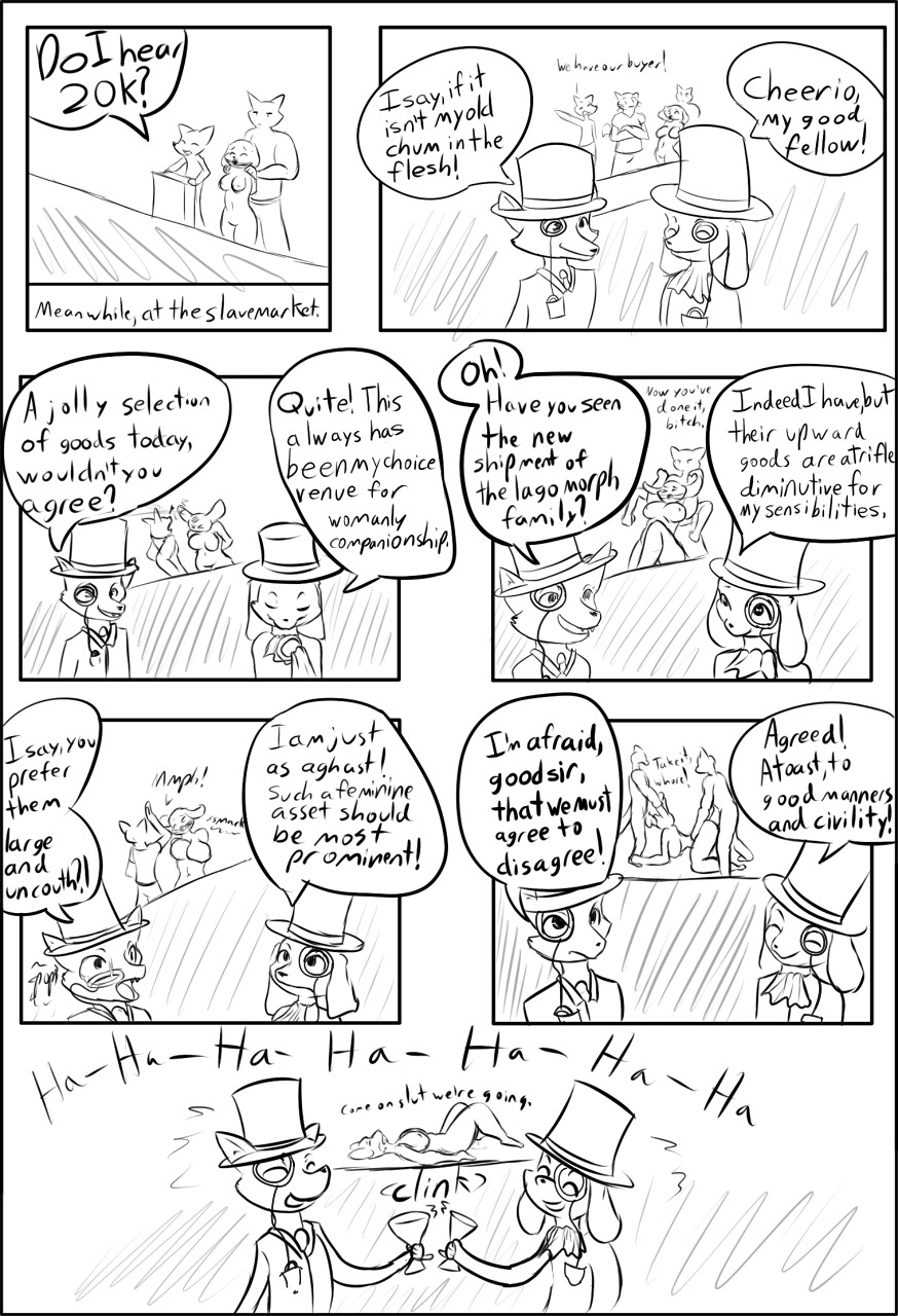 2010 after_sex anal anthro auction black_and_white breasts canid canine civility classy clothing comic dialogue digital_drawing_(artwork) digital_media_(artwork) domestic_cat duo_focus e621 english_text eyewear face_fucking felid feline felis female for_sale forced fox genitals gentleman group hat headbutt headgear headwear hi_res humor irrumatio lagomorph lagotrope leporid male male/female mammal master monochrome monocle open_mouth oral penile penis penis_in_mouth rabbit rape sex sex_slave simple_background slap slave slave_auction slave_market speech_bubble teeth terribly_british text tongue top_hat white_background