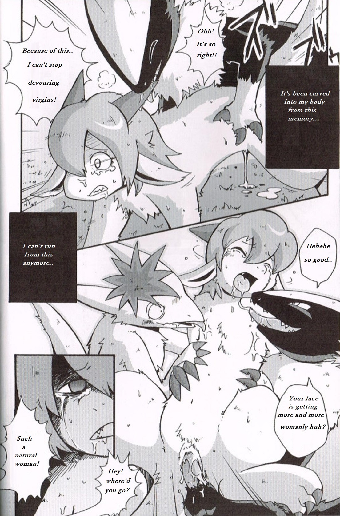 anthro blood blood_from_vagina blood_in_pussy bodily_fluids comic cum defloration dragon e621 english_text erection featureless_chest female forced fur furred_dragon furred_scalie genital_fluids genitals greyscale group group_sex hi_res licking male male/female mikaduki_karasu monochrome mythological_creature mythological_scalie mythology nude penis rape scalie sex tail text threesome tongue tongue_out translated trio vaginal virgin vulva