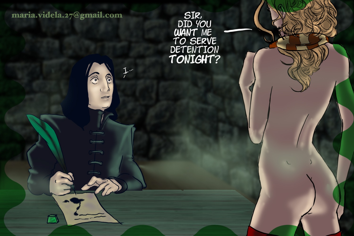 1girls 2d ass dialogue english_text female gryffindor gryffindor_tie harry_potter hermione_granger hogwarts_professor naked naked_female rule34 severus_snape slytherin tagme text witch_(harry_potter)
