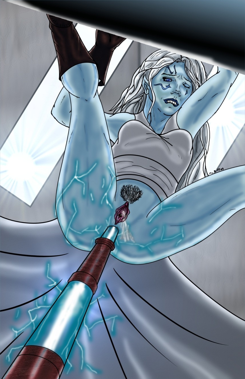 1girls 2d alien anal anal_penetration arkanian_(star_wars) below_view blue_skin clothes electric_dildo electricity electrostimulation female female_only female_pubic_hair improvised_dildo improvised_sex_toy indoors insertion jarael knights_of_the_old_republic knights_of_the_old_republic_(series) lip_biting masturbation pubic_hair pussy rule34 solo star_wars stun_baton tagme white_skin