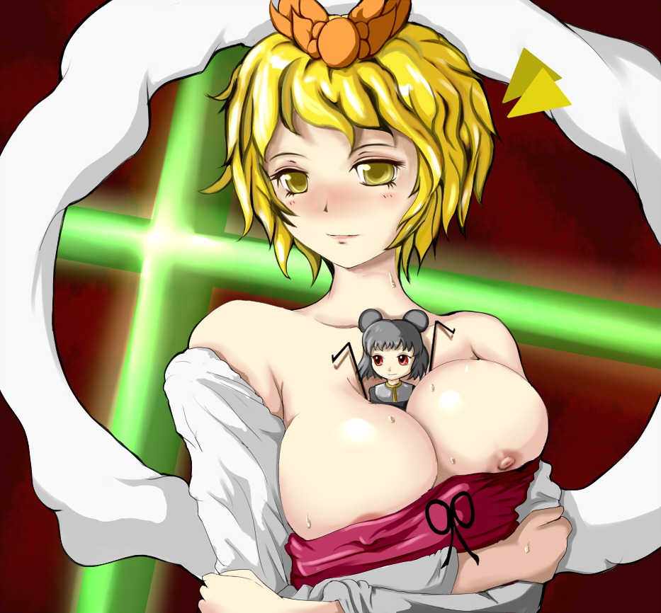 2girls animal_ears between_breasts blonde_hair breasts dowsing_rod female giantess hair_ornament large_breasts macro_female micro_female micro_in_cleavage micro_on_macro mouse_ears multiple_females multiple_girls nazrin nipple_slip nipples person_between_breasts red_eyes rule34 short_hair toramaru_shou touhou yellow_eyes
