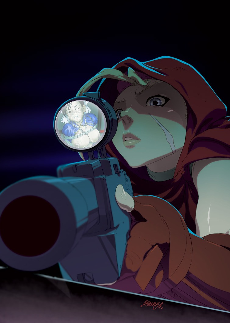 blonde_hair blue_eyes bun_cover cammy_white chun-li double_bun edit female gloves gun hair hood human jeffrey_cruz photoshop rifle rule34 scar sniper_rifle straight_hair street_fighter udon_entertainment weapon