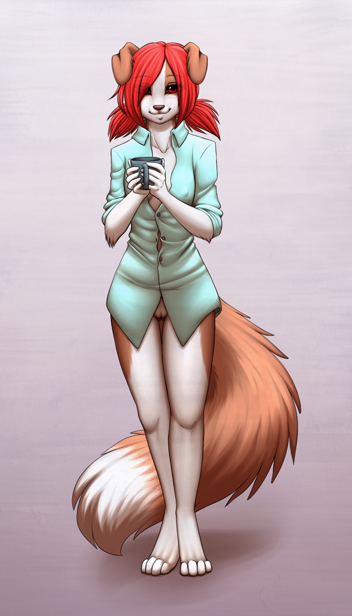 4_toes 5_fingers ajna angelaito anthro barefoot bottomless brown_fur brown_nose canine closed_mouth clothes clothing collaboration color cup cute female female_only front_view fur furry furry_ears furry_tail hair hair_over_eye holding holly_mcfadden looking_at_viewer open_eyes pussy red_eyes red_hair rule34 short_hair skimpy smile solo standing tail vulva white_fur