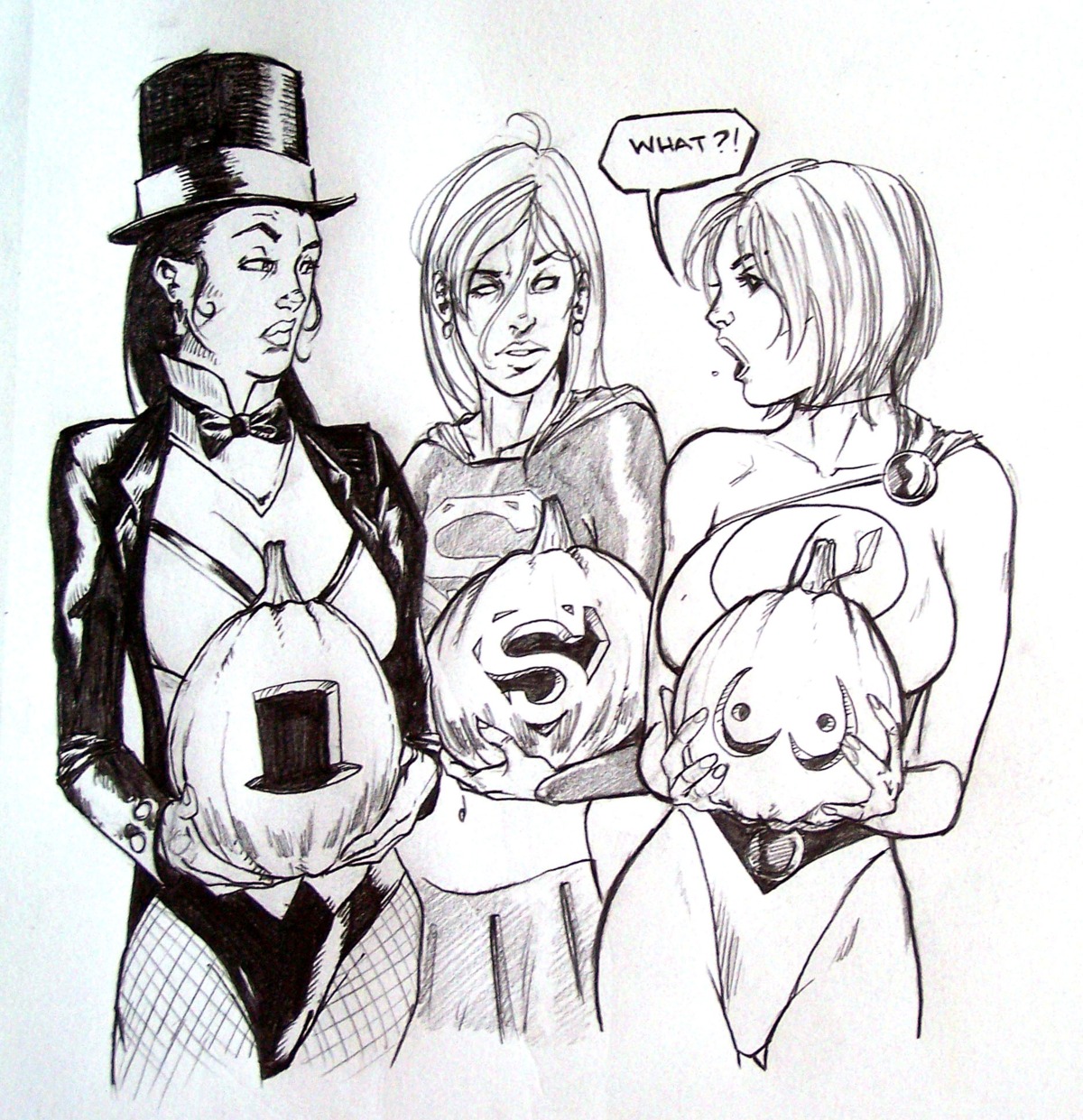 black_and_white dc dc_comics female halloween jack-o'-lantern kara_danvers kara_zor-el kara_zor-l karen_starr monochrome power_girl rule34 straight_hair supergirl superman_(series) zatanna