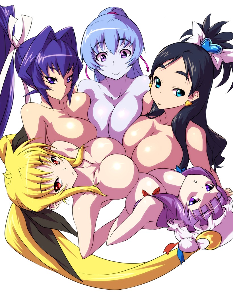 5girls :> :< aoi_(gegege_no_kitarou) blue_hair blue_skin bow breast_press breasts crossover cure_white fate_testarossa female futari_wa_precure futari_wa_pretty_cure gegege_no_kitarou hair_intakes huge_breasts humanoid large_breasts lyrical_nanoha magical_girl mahou_shoujo_lyrical_nanoha mitsurugi_meiya multiple_females multiple_girls muv-luv nekomamire nude patchouli_knowledge precure pretty_cure rule34 symmetrical_docking topless touhou yokai yuki_onna yukishiro_honoka