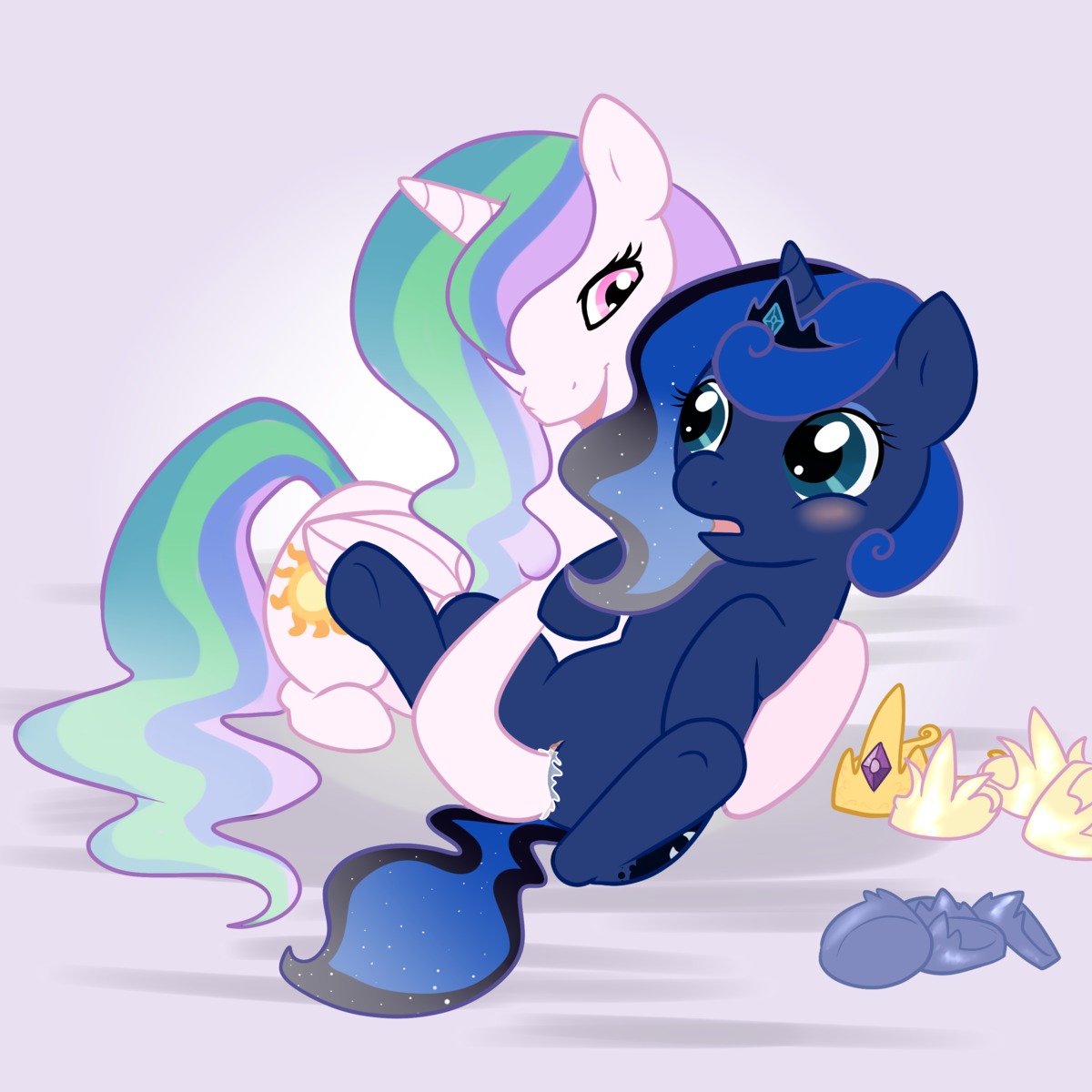 1:1 2012 absurd_res blue_eyes blue_hair blush bodily_fluids crown cutie_mark duo e621 equid equine feathered_wings feathers female female/female feral friendship_is_magic genital_fluids genitals hair hasbro headgear hi_res horn incest_(lore) kahvei long_hair mammal multicolored_hair my_little_pony mythological_creature mythological_equine mythology open_mouth princess princess_celestia_(mlp) princess_luna_(mlp) purple_eyes royalty spread_legs spreading tail tongue unicorn vaginal vaginal_fluids vulva winged_unicorn wings young young_feral
