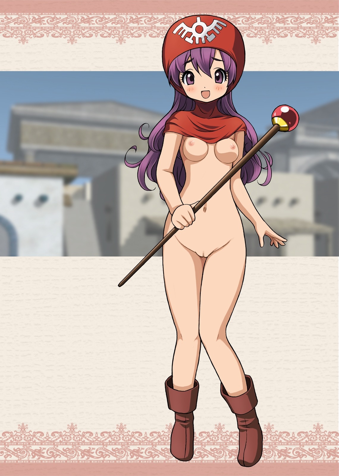blush boots breasts censored dragon_quest dragon_quest_ii female functionally_nude highres hood hood_up long_hair naked_footwear navel nipples nude princess_of_moonbrook purple_eyes purple_hair pussy rule34 ryunnu small_breasts smile staff vagina