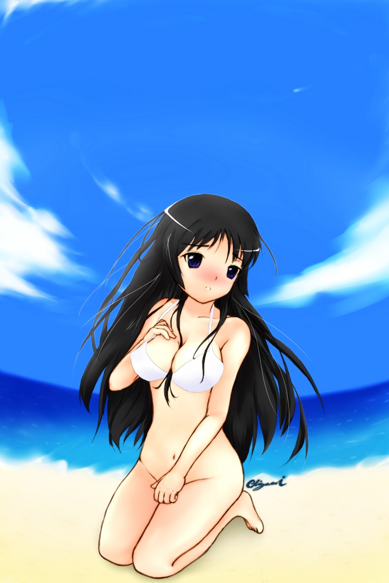 beach black_hair blue_eyes bra cleavage female female_only human human_only k-on! kneeling long_hair mio_akiyama_(k-on!) navel rule34 solo tagme