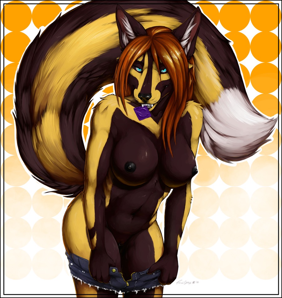 anthro big_breasts biped blue_eyes bottomwear breasts brown_hair canid canine clothed clothing condom condom_in_mouth e621 fangs female fluffy fluffy_tail fox genitals hair looking_at_viewer mammal mouth_hold nipples nude object_in_mouth sexual_barrier_device shorts skimpy solo standing tail teeth topless truegrave9 undressing unused_condom vulva wrapped_condom
