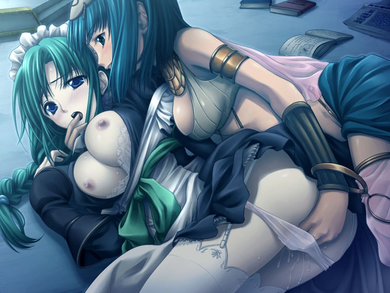 2girls blue_eyes blue_hair blush breasts cleavage eien_no_aselia eternity_swords_(series) female fingering game_cg green_hair hand_in_another's_panties hand_in_panties maid multiple_females multiple_girls nipples open_clothes open_shirt panties panty_pull pussy pussy_juice rule34 shirt skirt skirt_lift thighhighs underwear yuri