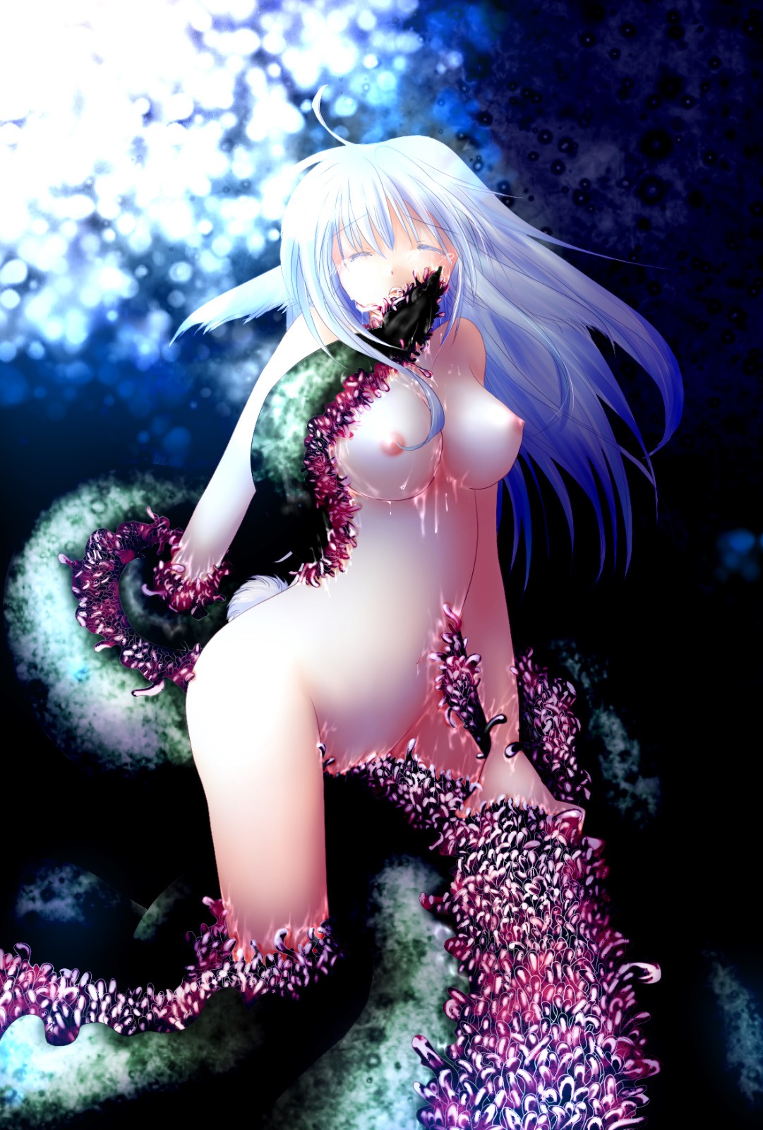 bunny_tail closed_eyes consensual_tentacles female highres nude phone_wallpaper rule34 tentacle usagi wallpaper wet white_hair