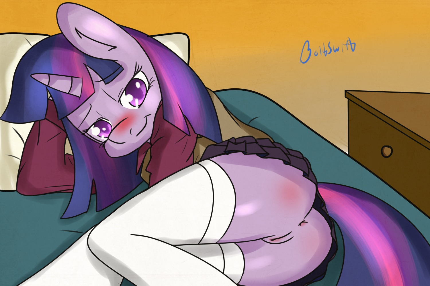 3:2 anthro anthrofied anus bed biped blush body_blush boltswift butt butt_blush clothing e621 equid equine female friendship_is_magic fur furniture genitals hair hasbro horn legwear mammal multicolored_hair my_little_pony mythological_creature mythological_equine mythology presenting presenting_hindquarters purple_body purple_fur purple_hair solo stockings tail twilight_sparkle_(mlp) two_tone_hair unicorn vulva
