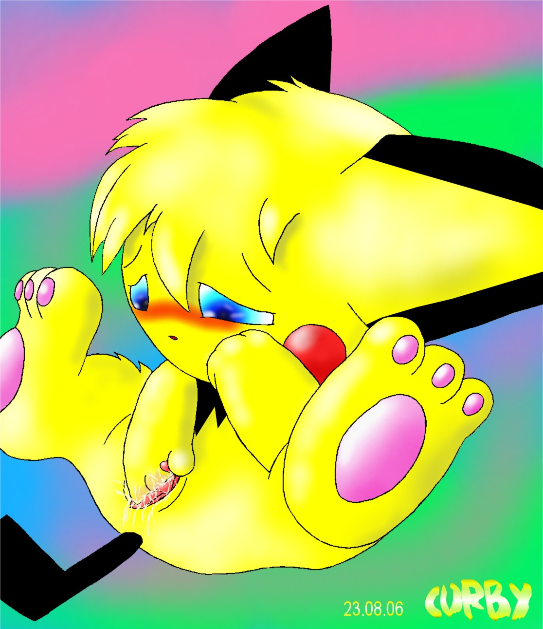 2006 blue_eyes blush color curby female female_only fingering fur insertion masturbation nintendo nude pichu pokemon pussy rule34 sitting solo tagme vulva