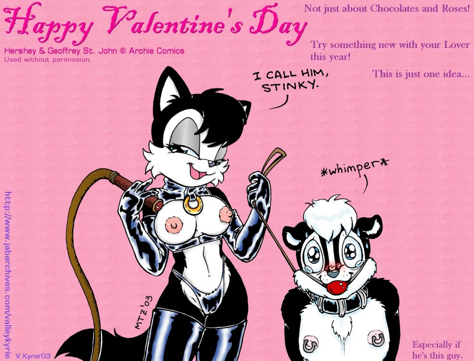 2003 anthro archie_comics ball_gag bdsm black_clothing black_thong black_underwear blush bodily_fluids bondage bound breasts camel_toe clothing countershading domestic_cat dominant dominant_female duo e621 english_text felid feline felis female gag gagged geoffrey_st._john hershey_the_cat holiday_message holidays latex leash leather looking_at_viewer male male/female mammal mephitid nipple_piercing nipples nude petplay piercing puppyplay roleplay sega skunk smile sonic_the_hedgehog_(archie) sonic_the_hedgehog_(comics) sonic_the_hedgehog_(series) submissive submissive_male sweat tail text thong underwear valentine's_day vkyrie whip