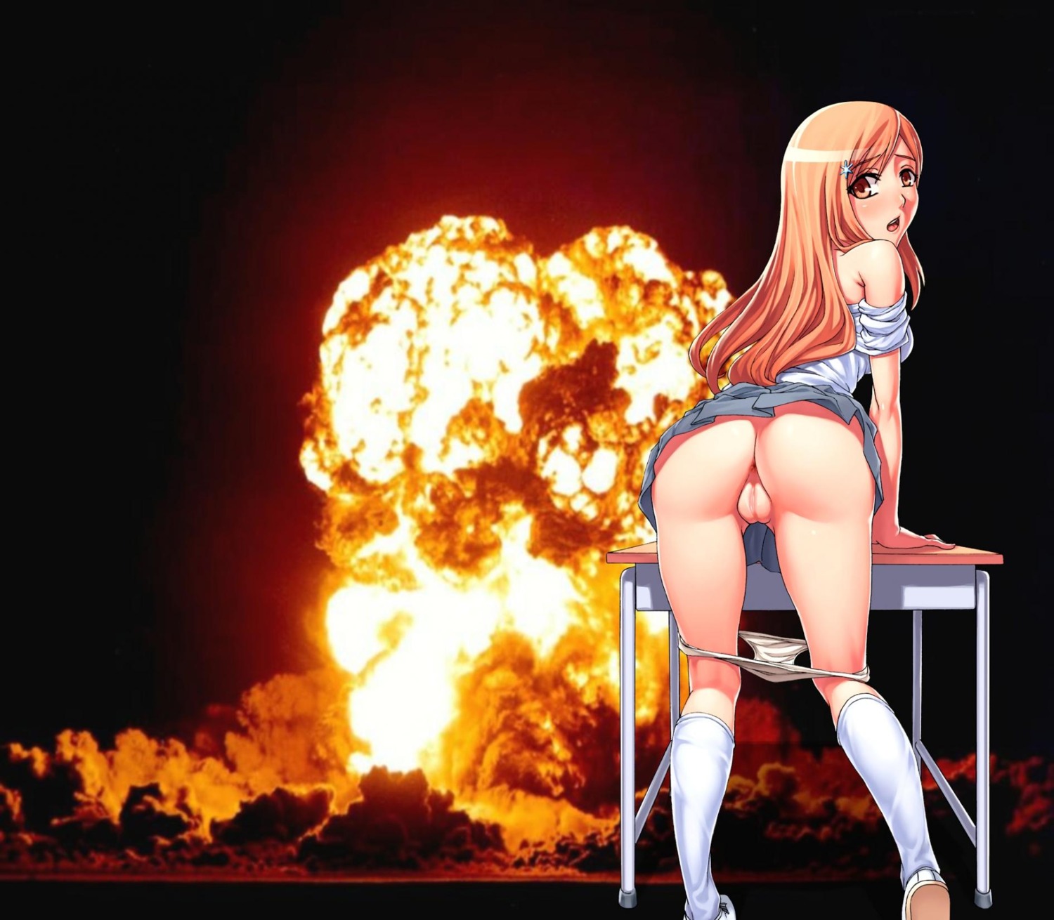 1girls 2011 ass bleach desk explosion female female_only inoue_orihime kneehighs long_hair looking_at_viewer looking_back looking_back_at_viewer off_shoulder open_mouth panties_down photoshop pussy rule34 schoolgirl sefuart solo upskirt vulva