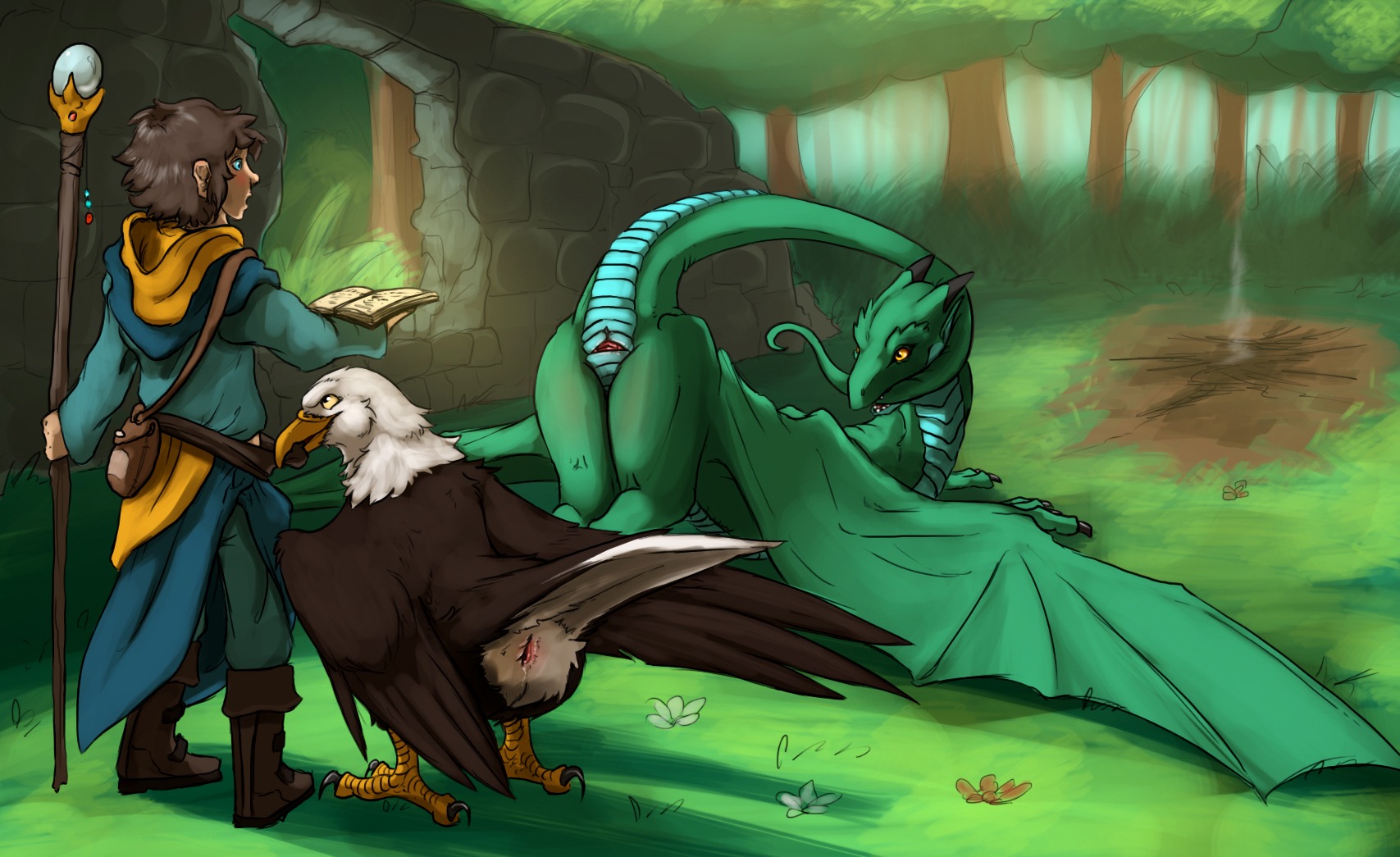 accipitrid accipitriform all_fours animal_genitalia ass_up avian avian_butt bald_eagle bird bite biting_own_tail brown_body brown_feathers butt claws cloaca clothed clothing detailed_background dragon e621 eagle eralion feathered_wings feathers female female_feral feral genitals green_cloaca group hi_res holding_tail horizontal_cloaca human looking_back magic_user male male/female mammal melee_weapon mythological_creature mythological_scalie mythology outside pink_cloaca polearm presenting presenting_cloaca presenting_hindquarters presenting_vulva rear_view scalie sea_eagle skayra staff standing syrinoth tail tail_bite tail_fetish tail_in_mouth tail_play treya vulva weapon wings