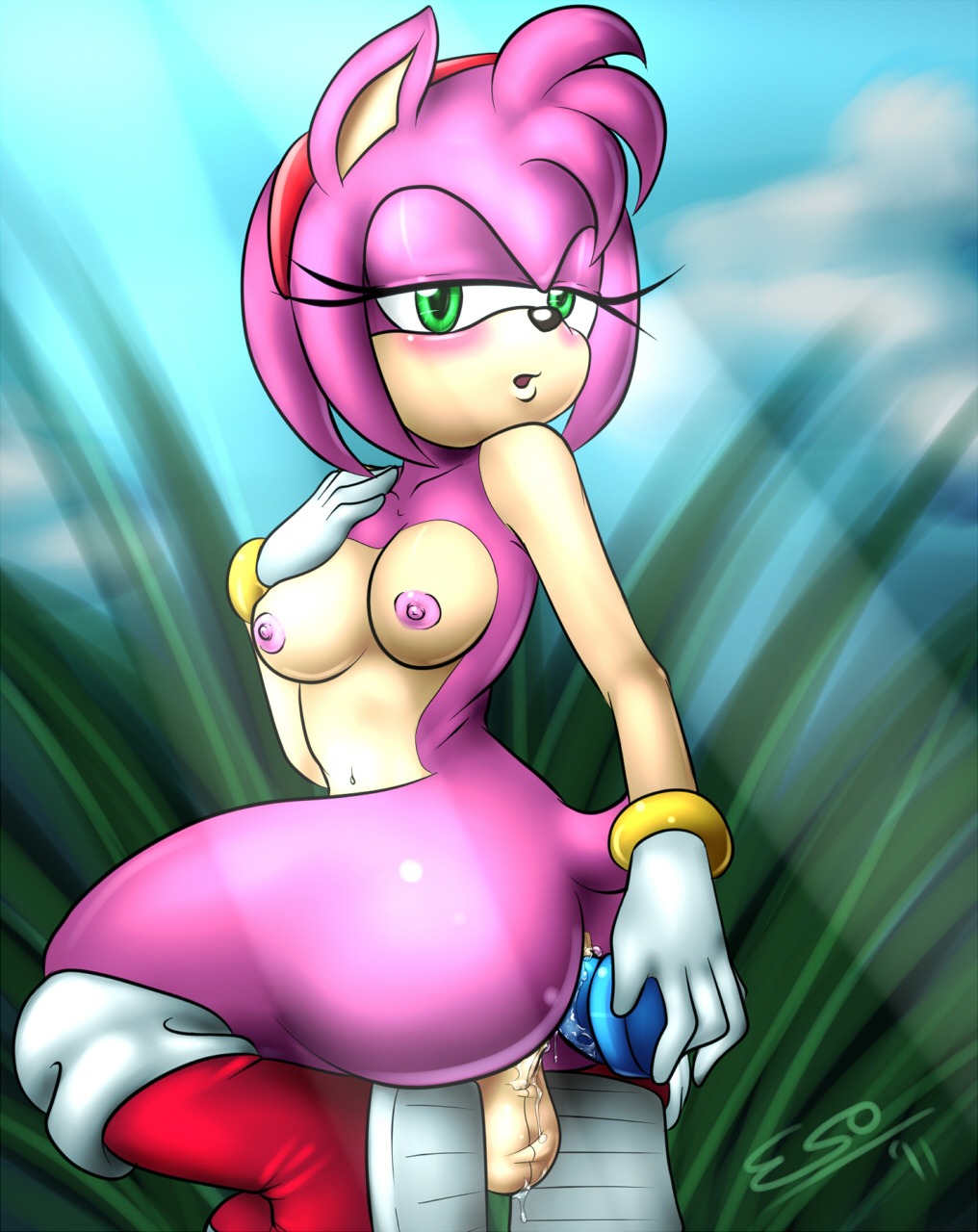accessory amy_rose anal anal_masturbation anal_penetration anthro anthrofied balls biped blush breasts clothing cloud day dildo e621 eulipotyphlan footwear genitals green_eyes gynomorph hair hair_accessory hairband hedgehog hi_res intersex looking_at_viewer mammal masturbation nipples nude outside penetration pherociouseso pink_body pink_hair sega sex_toy shoes sky solo sonic_the_hedgehog_(series) toying_self