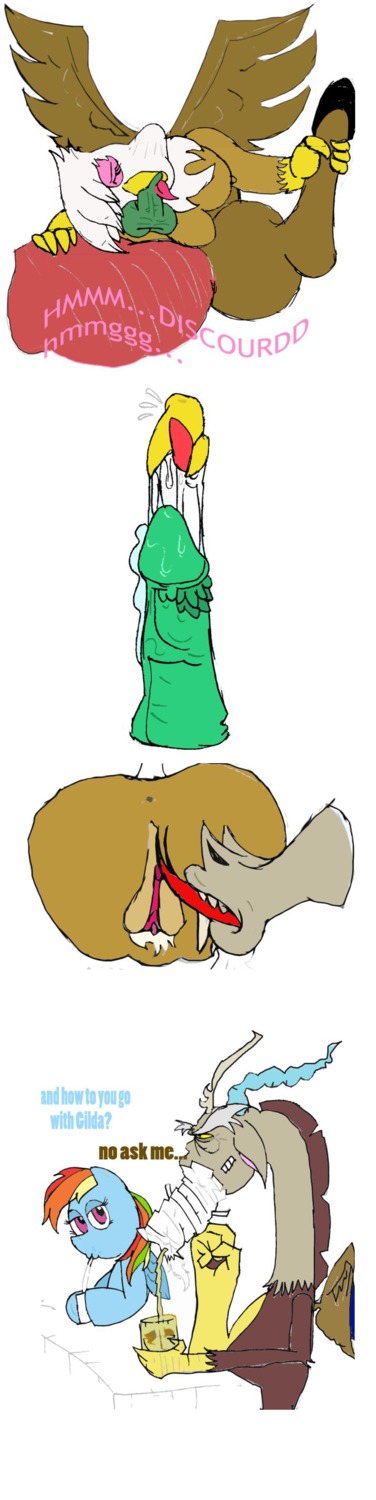 2012 absurd_res avian balls bandage beak beak_fetish beak_play beak_sex beakjob blue_body blue_fur bodily_fluids broken_language chimera comic cunnilingus dialogue discord_(mlp) draconequus e621 english_text equid equine erection esprites eyes_closed feathered_wings feathers fellatio female feral friendship_is_magic fur genitals gilda_(mlp) group gryphon hair hasbro hi_res interspecies male male/female mammal multicolored_hair my_little_pony mythological_avian mythological_creature mythological_equine mythology oral pegasus penile penis purple_eyes rainbow_dash_(mlp) rainbow_hair saliva sex text tongue tongue_out vaginal vulva what wings