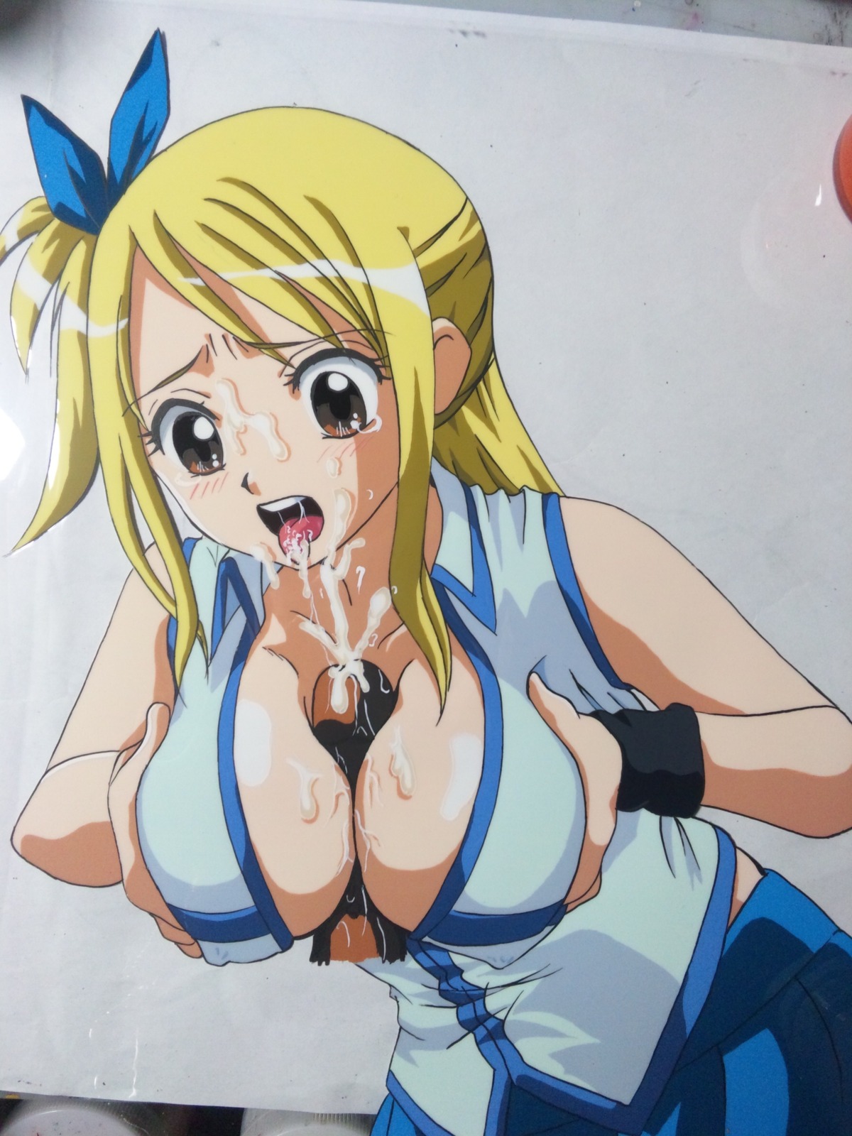 1boy 1girls artist_request blonde-haired_female blonde_hair blush bow breast_squeeze breasts brown_eyes cleavage cum cum_in_mouth cum_on_body cum_on_breasts cum_on_tongue cum_on_upper_body dark-skinned_male dark_skin ejaculation erect_nipples facial fairy_tail female hasamimushi high_resolution human lucy_heartfilia male nipples paizuri penis photo_(medium) rule34 scissor_insect straight tear tongue uncensored