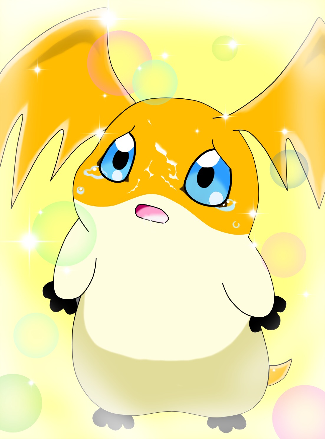 ambiguous_gender bandai_namco big_ears blue_eyes bodily_fluids crying cum cum_on_face digimon digimon_(species) e621 featureless_crotch genital_fluids head_wings hi_res looking_at_viewer membrane_(anatomy) membranous_wings nekodamimi open_mouth patamon sad solo tears unusual_wing_placement wings
