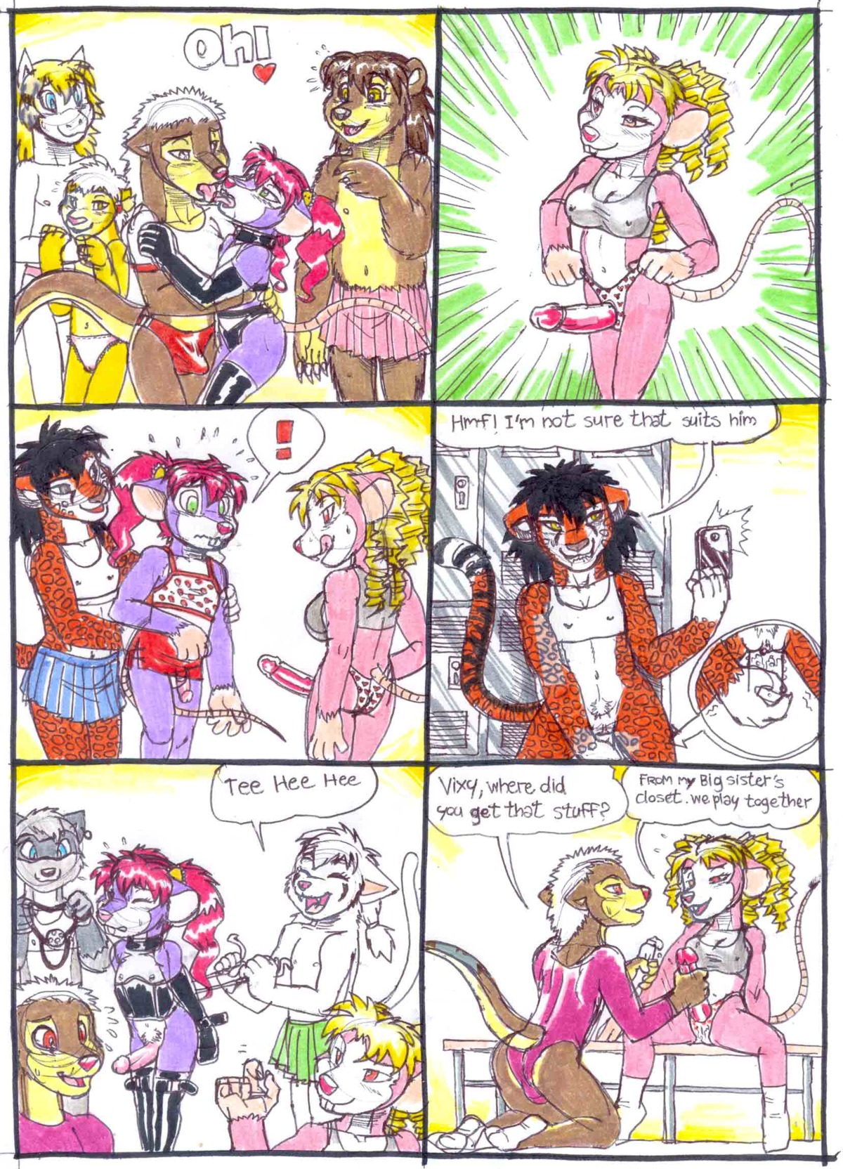 2013 angry anthro ball_gag bdsm bear bell bench bisexual black_hair blonde_hair blue_eyes blush bodily_fluids bound breasts brown_eyes brown_hair bulge camera canid canine caught_in_the_act chuck_(netreek) cleavage close-up clothed clothing comic crossdressing dialogue dildo e621 english_text equid erection exclamation_point eyewear felid female flat_chested gag gagged genitals glasses green_eyes group hair heart_symbol hi_res inside jaguar kissing kneeling leotard licking licking_lips locker_room male male/female male/male mammal mariano masturbation medium_breasts midriff mouse multiple_scenes murid murine mustelid nipples nude on_bench open_mouth pantherine penis presenting purple_hair rodent self_lick sex_toy sitting small_breasts standing strapon sweat sweatdrop tail text tiger tongue tongue_out topless toying_self traditional_media_(artwork) underwear undressing vaginal vaginal_masturbation vixy_(netreek) vulva wearing_strapon white_hair young young_anthro
