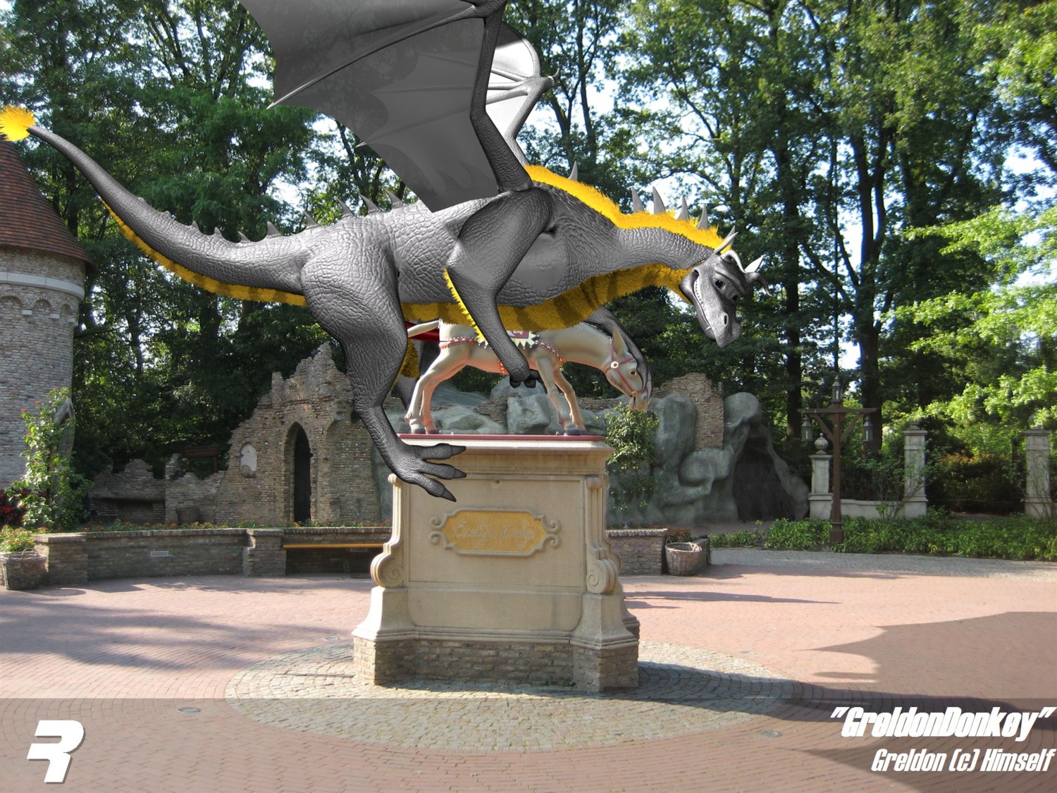 2011 3d_(artwork) 4:3 agalmatophilia anal anal_penetration asinus blue_eyes claws digital_media_(artwork) donkey dragon duo e621 equid equine erection feral from_behind_position genitals greldon happy hi_res horn male mammal membrane_(anatomy) membranous_wings mistaken_identity mythological_creature mythological_scalie mythology naughty_face outside park penetration penis public rangarig scalie sculpture sex smile statue tail wings