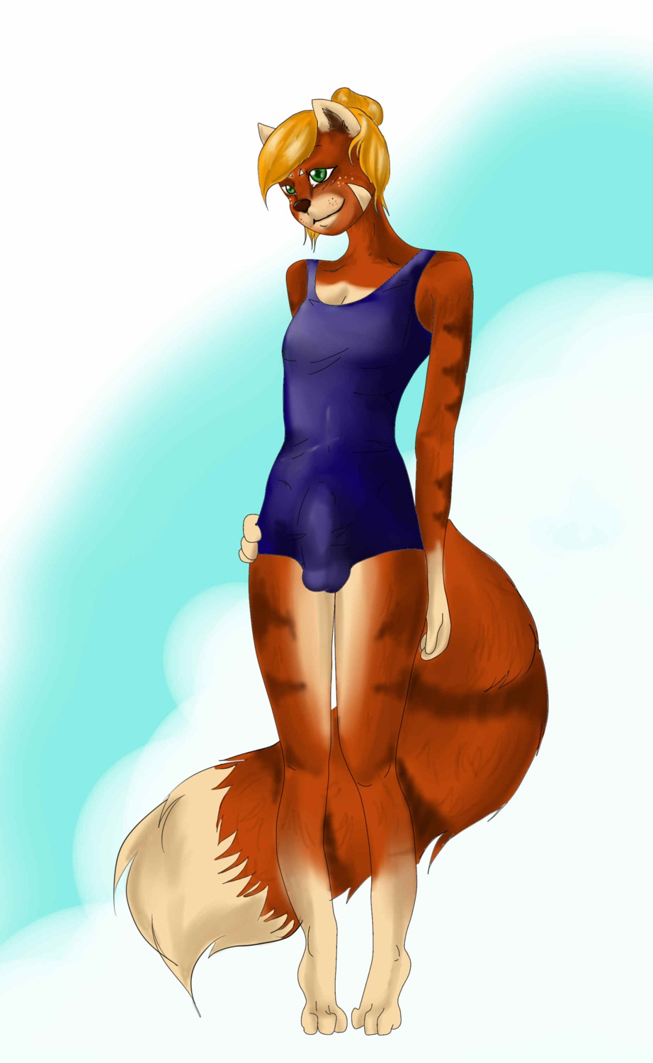 absurd_res ailurid anthro blonde_hair bulge clothed clothing crossdressing detailed_bulge e621 femboy freckles genital_outline hair hi_res kaeaskavi male mammal penis_outline red_panda school_swimsuit smile solo suka swimwear