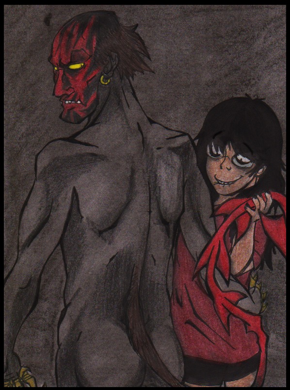 artist_request biting_lip demon earrings female glasses horror insidious lipstick-faced_demon male monster rule34 tagme tail yellow_sclera