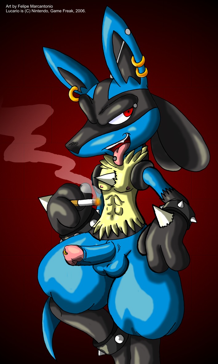 anthro anthrofied balls barbell_piercing black_body black_fur blue_body blue_fur canid canine cigarette e621 ear_piercing ear_ring erection eyebrow_barbell eyebrow_piercing facial_piercing fur generation_4_pokemon genital_piercing genitals grin half-closed_eyes industrial_piercing lucario male mammal multiple_piercings narrowed_eyes nintendo nipples penis penis_piercing piercing pokemon pokemon_(species) pokemorph prince_albert_piercing red_eyes ring_piercing smile smoke smoking solo tongue tongue_out tongue_piercing tongue_stud yellow_body yellow_fur yuski