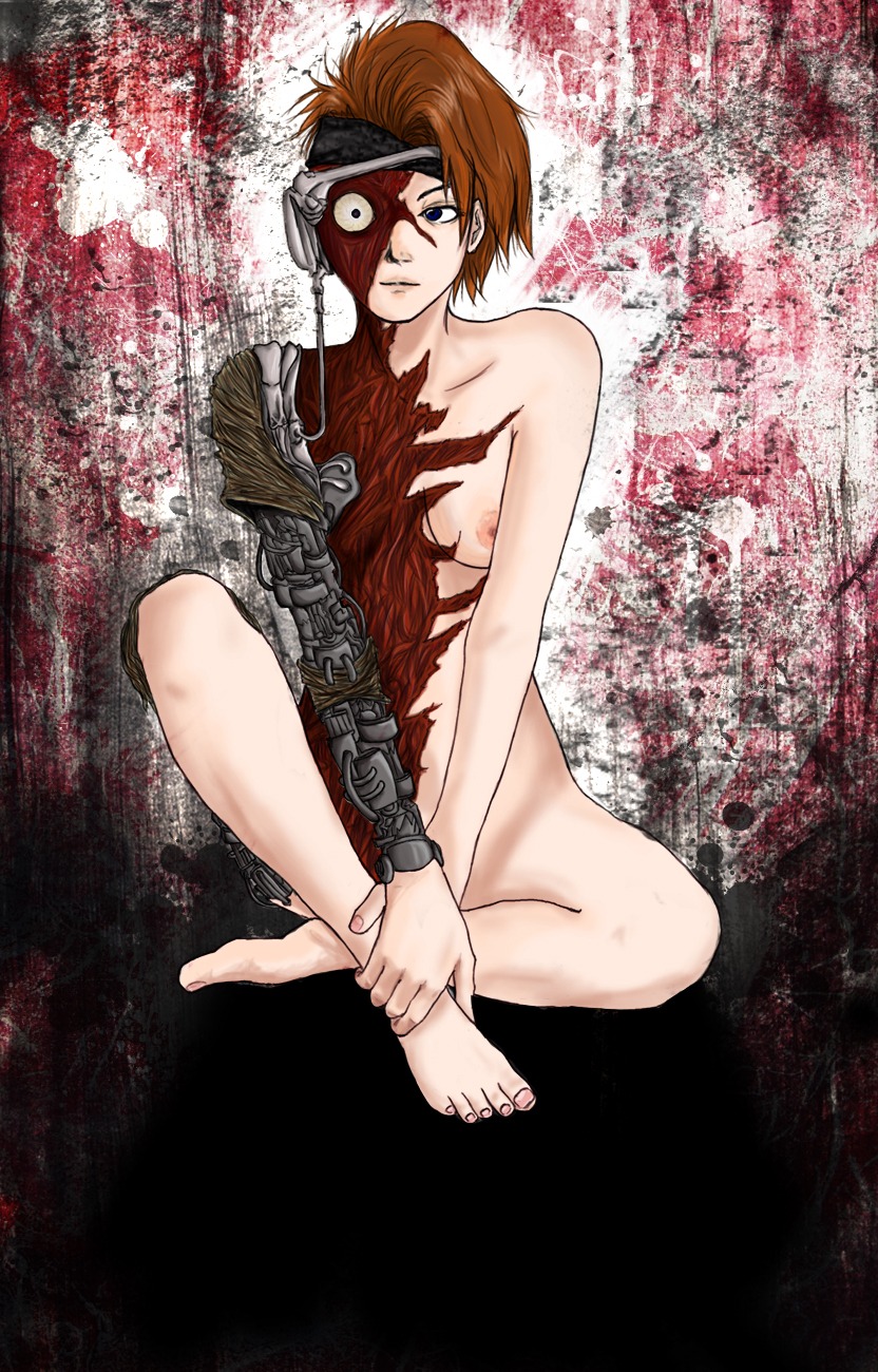 1girls breasts female female_only headband humanoid kiu227 mukuro nipples nude orange_hair pale_skin prosthetic_arm rule34 short_hair shounen_jump solo tagme yu_yu_hakusho