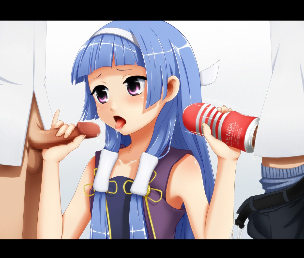 1girls 2boys artificial_vagina blue_hair clothing double_handjob female handjob kannagi male multiple_boys multiple_males nagi penis purple_eyes rule34 tagme underwear