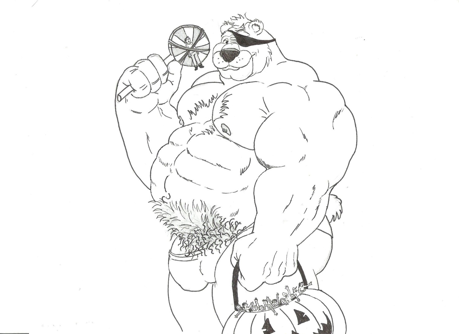anthro barazoku bear black_and_white bulge candy candy_bucket clothing dessert e621 extreme_size_difference eye_patch eyewear food food_fetish food_play fruit group hi_res human jack-o'-lantern larger_male male male/male mammal monochrome musclegut muscular nipples pen_(artwork) plant portrait pubes pumpkin ramzo89 side_view size_difference slightly_chubby smaller_male smug solo_focus thong three-quarter_portrait traditional_media_(artwork) underwear vore what